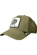 Goorin Bros Rager olive trucker hat with embroidered bull RAGER patch