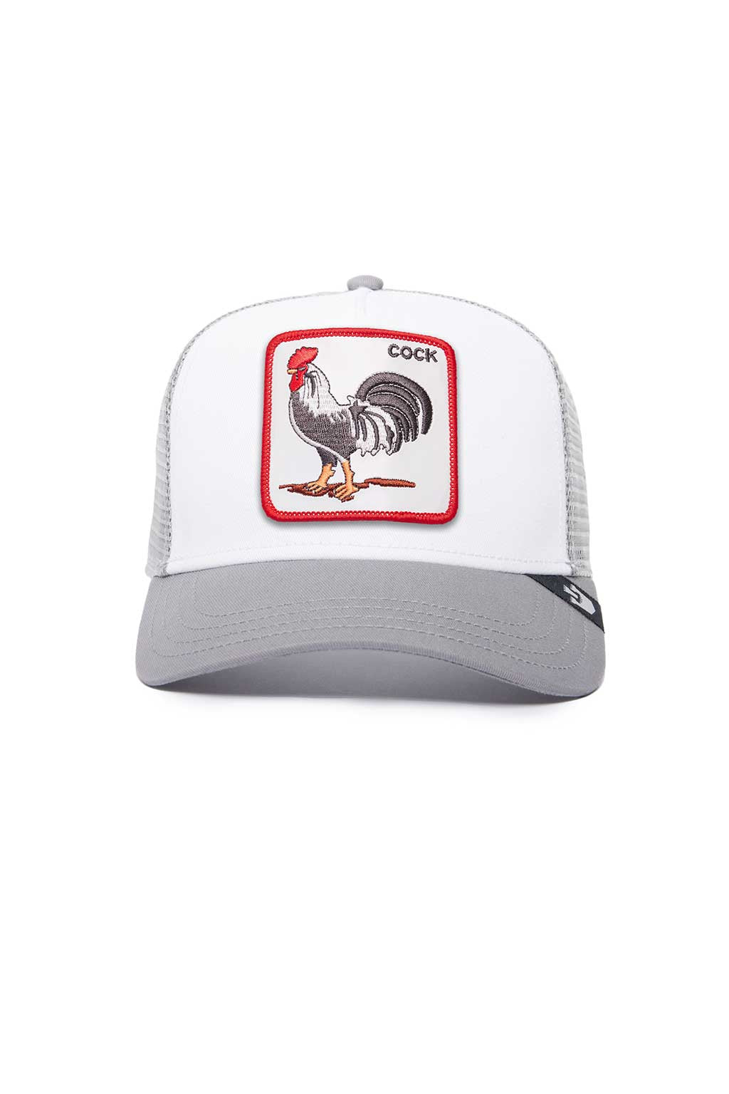Goorin Bros The Cock trucker hat in light grey with embroidered rooster patch