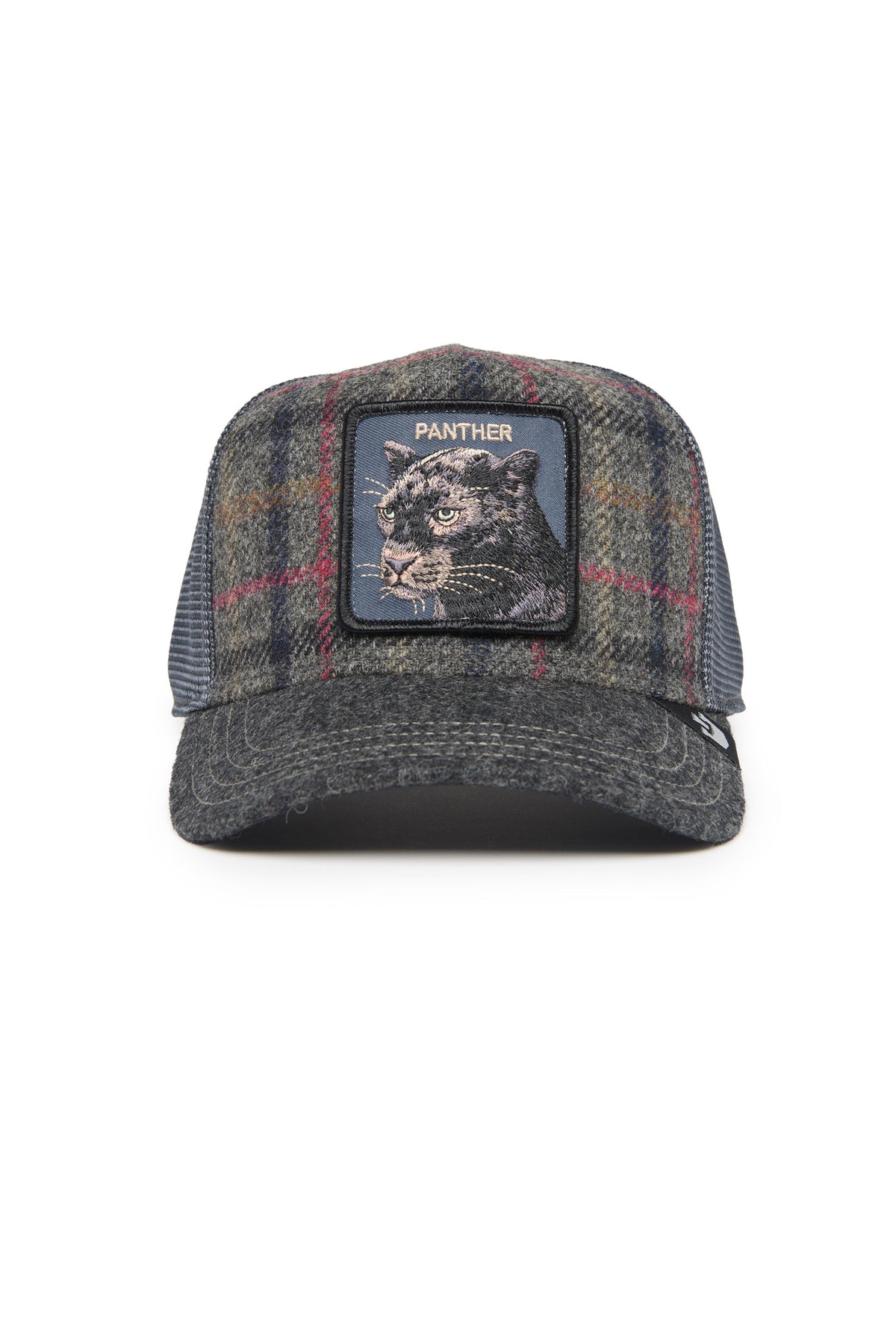 Goorin Bros Moon Panther trucker hat in charcoal plaid with embroidered panther patch