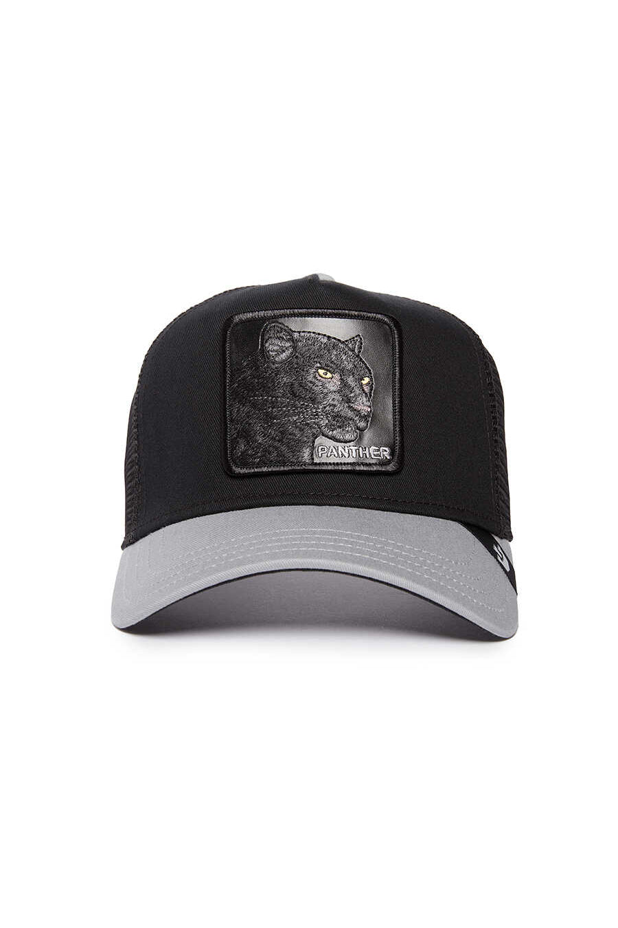 Goorin Bros The Black Panther trucker hat in dark grey with embroidered panther patch
