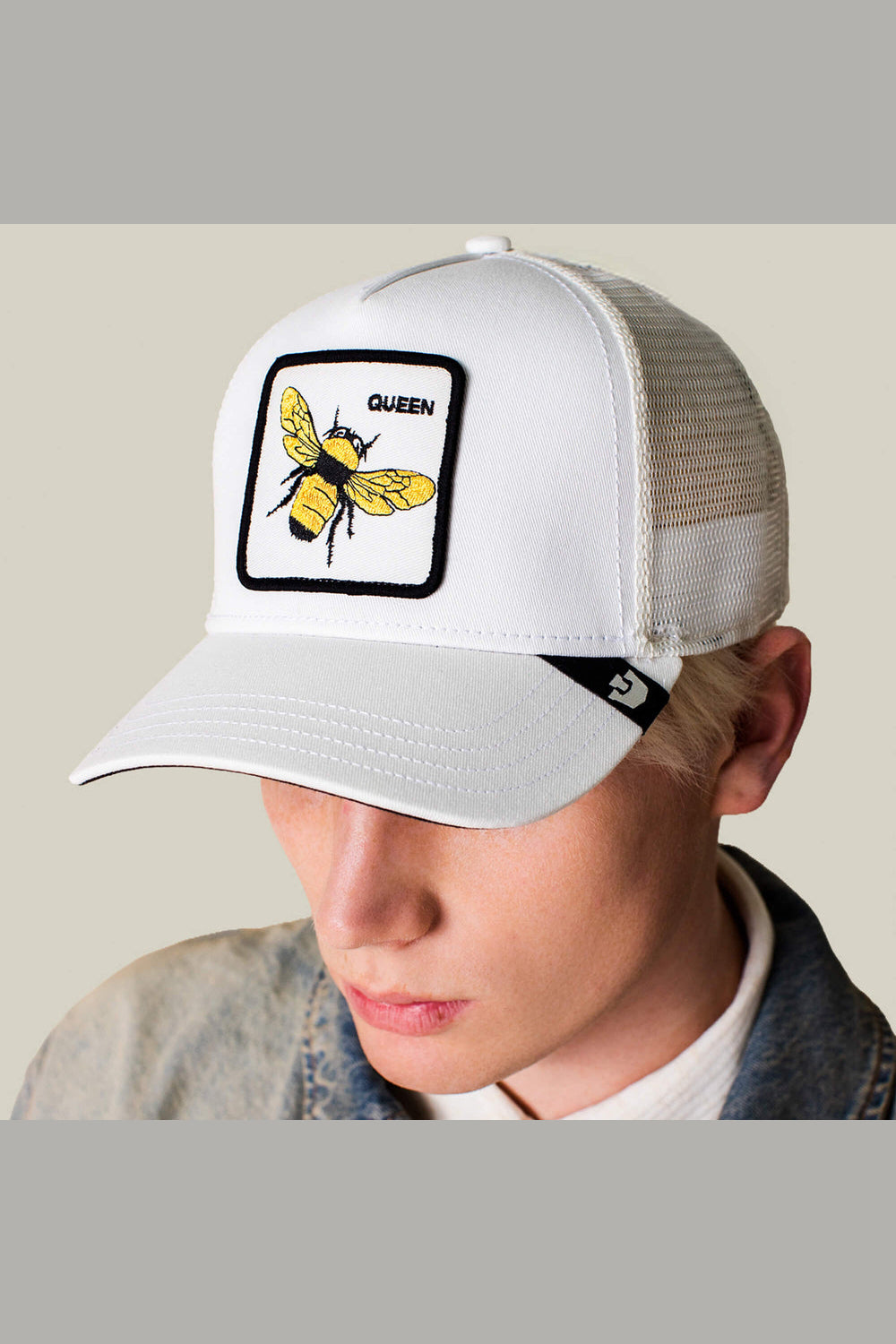 Goorin Bros Queen trucker hat in Dust with embroidered queen bee patch