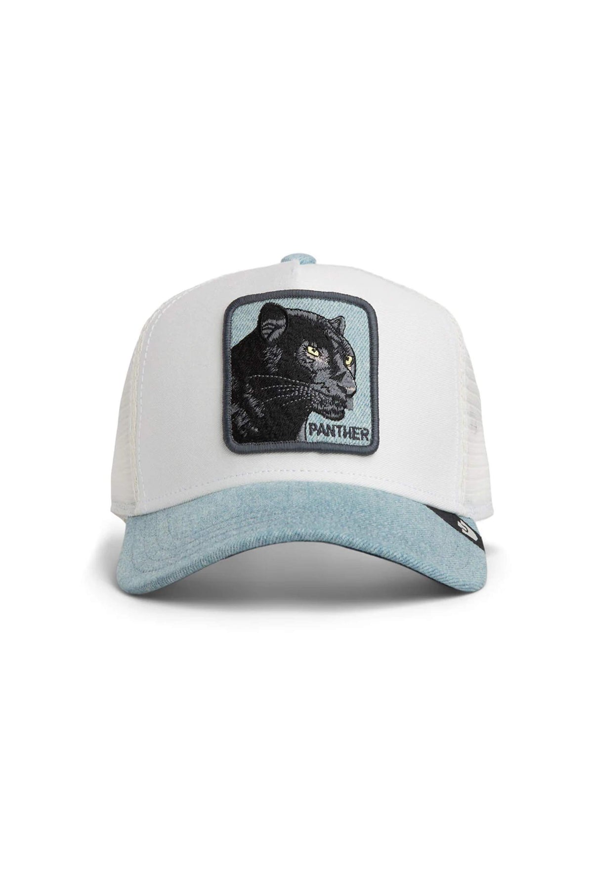 Goorin Bros Denim Panther trucker hat in Light Denim with embroidered panther patch