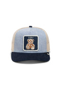 Goorin Bros Denim Cuddly trucker cap in light denim with embroidered teddy bear patch