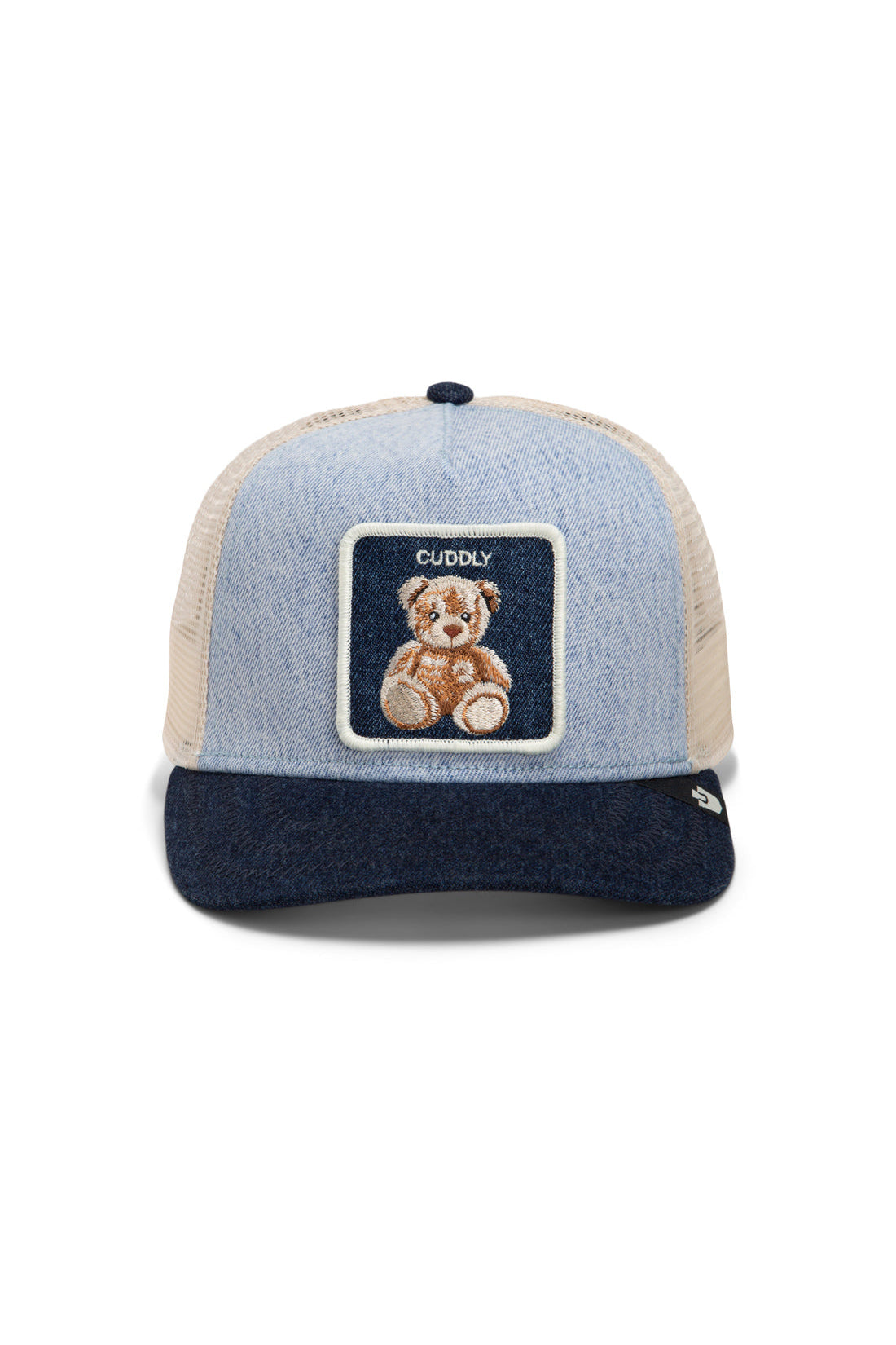 Goorin Bros Denim Cuddly trucker cap in light denim with embroidered teddy bear patch