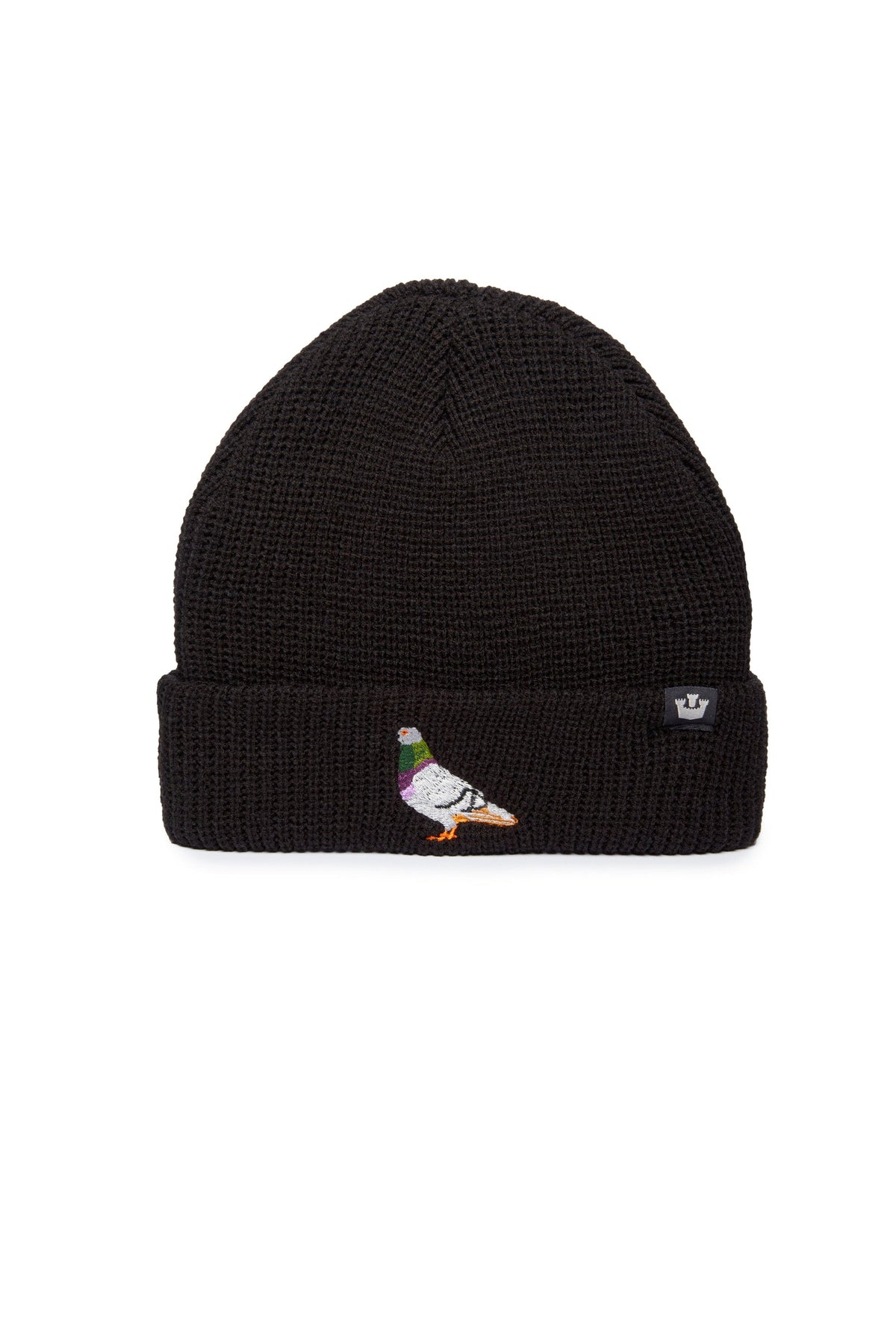 Goorin Bros Ribbed Pigeon black beanie with embroidered pigeon patch