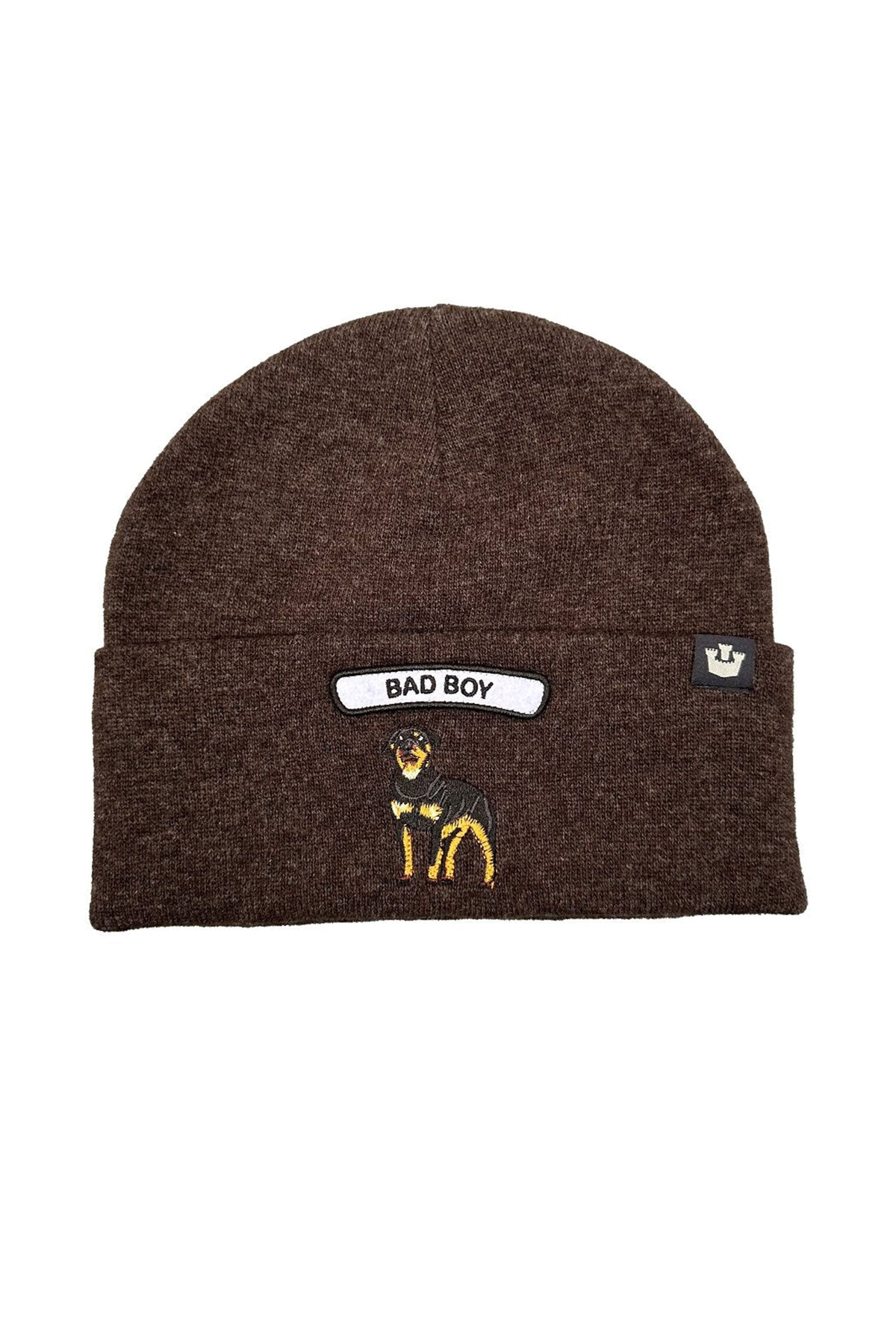 Goorin Bros Soft Rock Bad Boy beanie in Coffee with embroidered dog BAD BOY patch