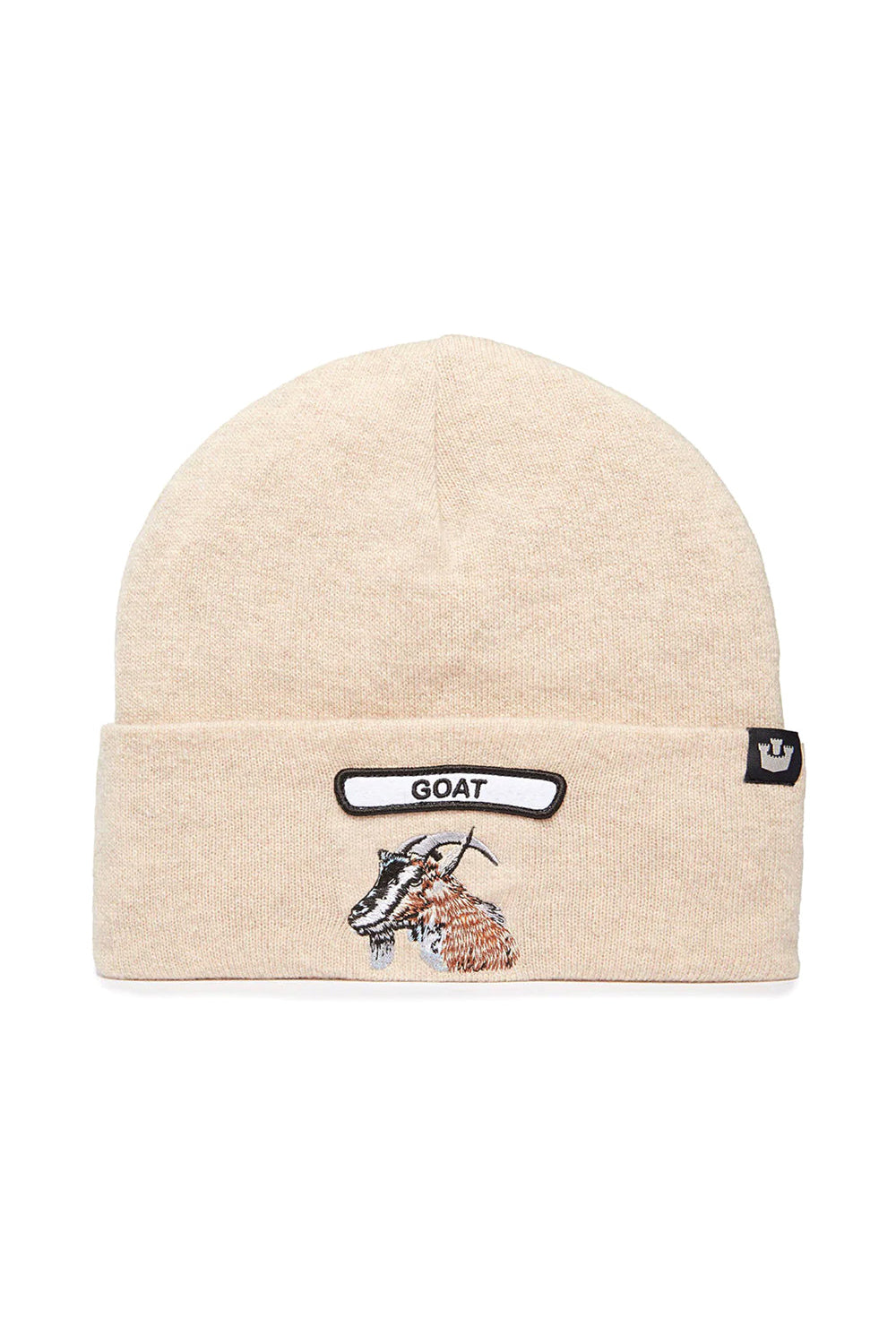 Goorin Bros Soft Rock Goat beanie in khaki with embroidered goat patch