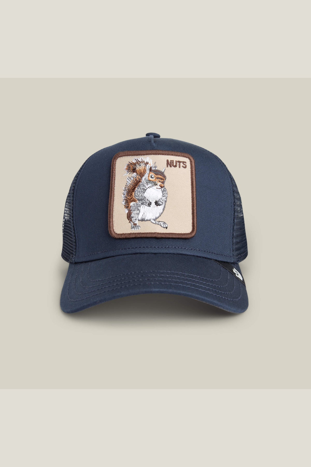 Goorin Bros Nuts Mini kids trucker hat in Edge navy with embroidered squirrel patch