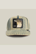 Goorin Bros Pit Boss trucker hat in Beam denim with embroidered cobra BOSS patch