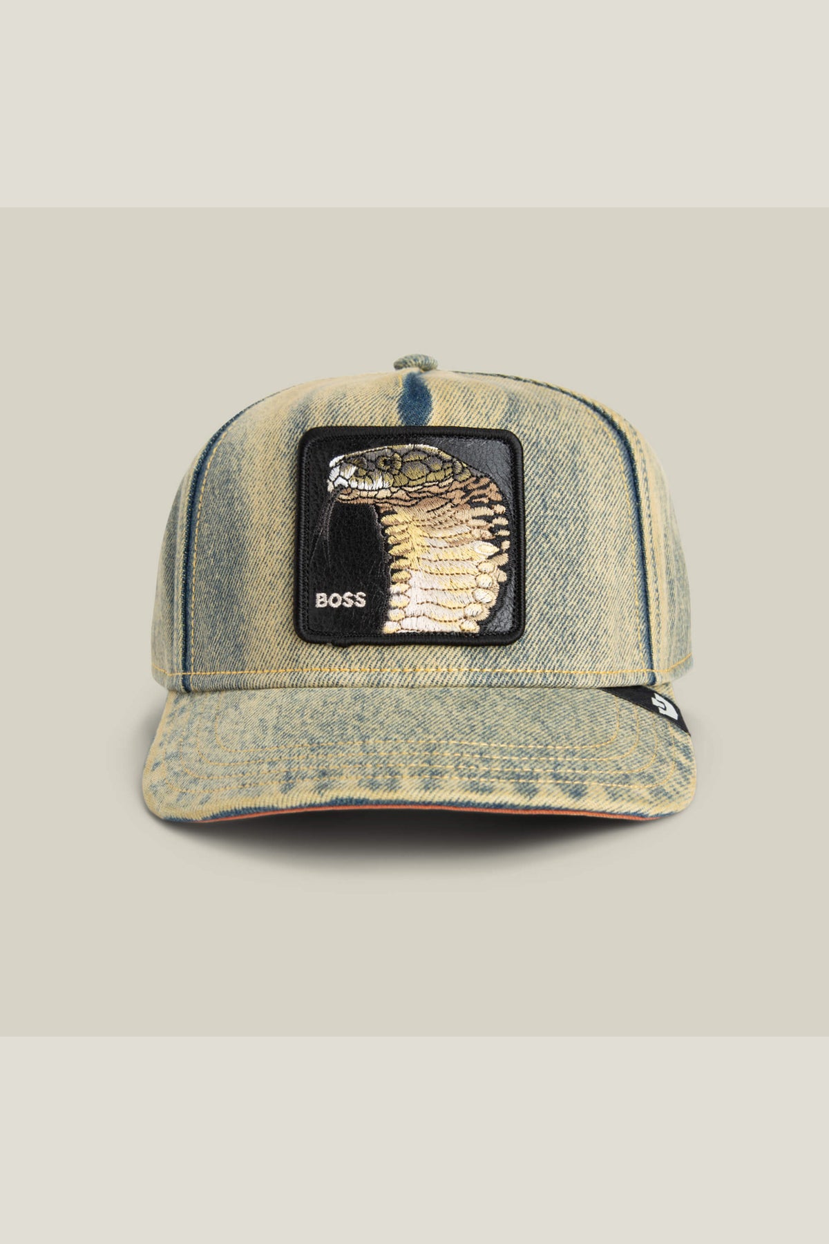 Goorin Bros Pit Boss trucker hat in Beam denim with embroidered cobra BOSS patch