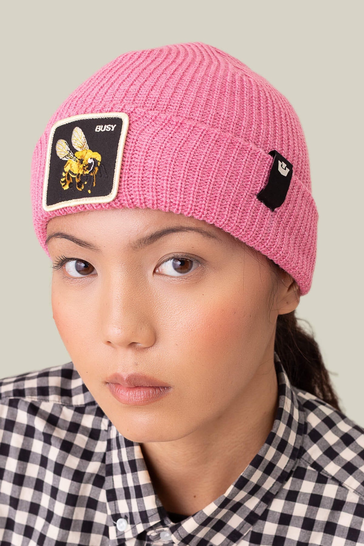 Goorin Bros The Busy Beanie Pink on model showing bee patch