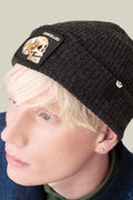 Goorin Bros The Cancelled Beanie Void on model showing skull patch