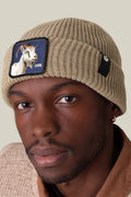 Goorin Bros The Him Beanie Biscuit on model showing goat patch