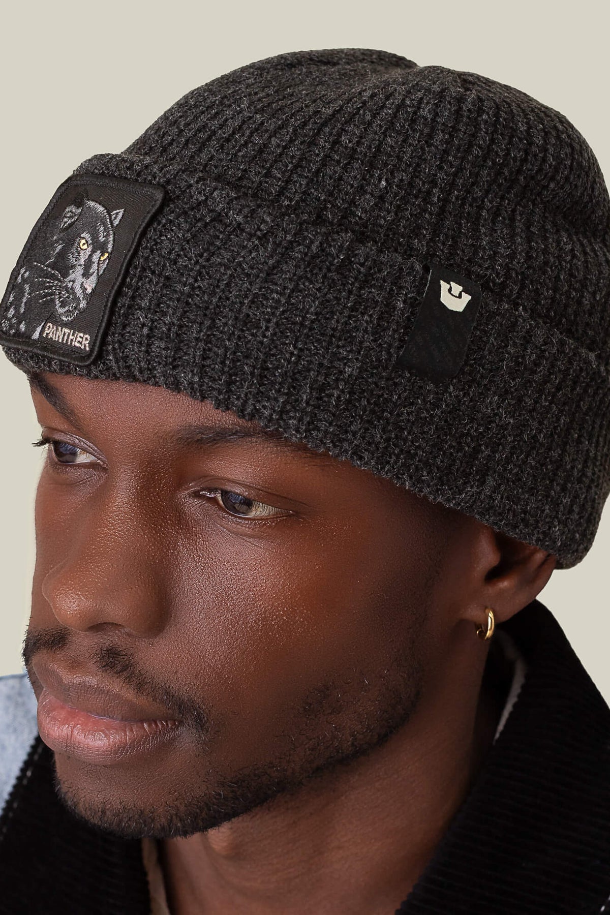 Goorin Bros The Panther Beanie Void on model showing panther patch