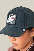 Goorin Bros Smurf shark patch cap in Void overdyed denim on model
