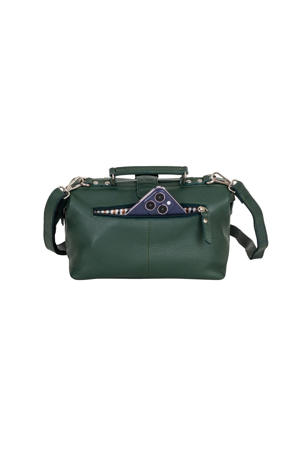 Greenwood Leather Bella doctor bag in Olive Green — rear pocket holding a phone
