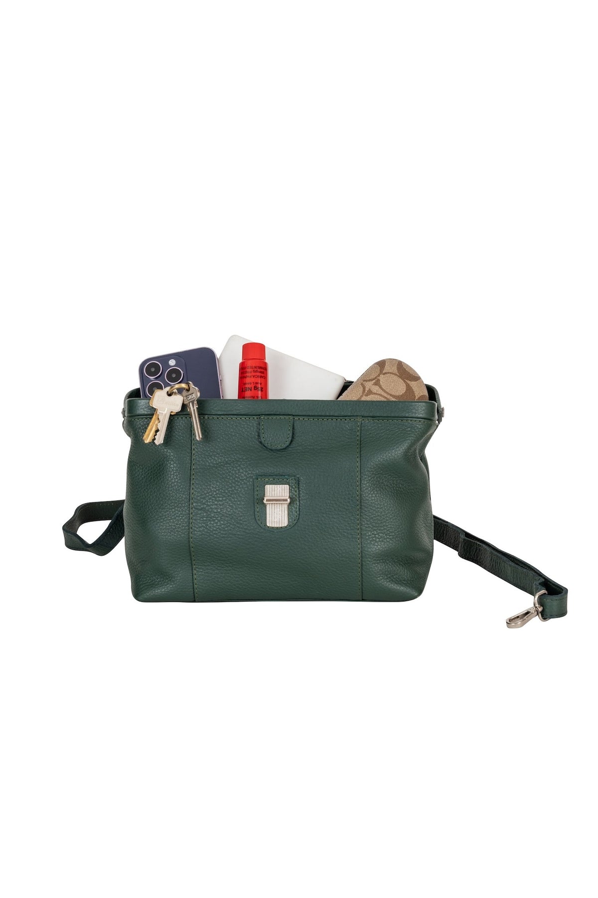 Greenwood Leather Bella doctor bag in Olive Green — open bag holding everyday essentials