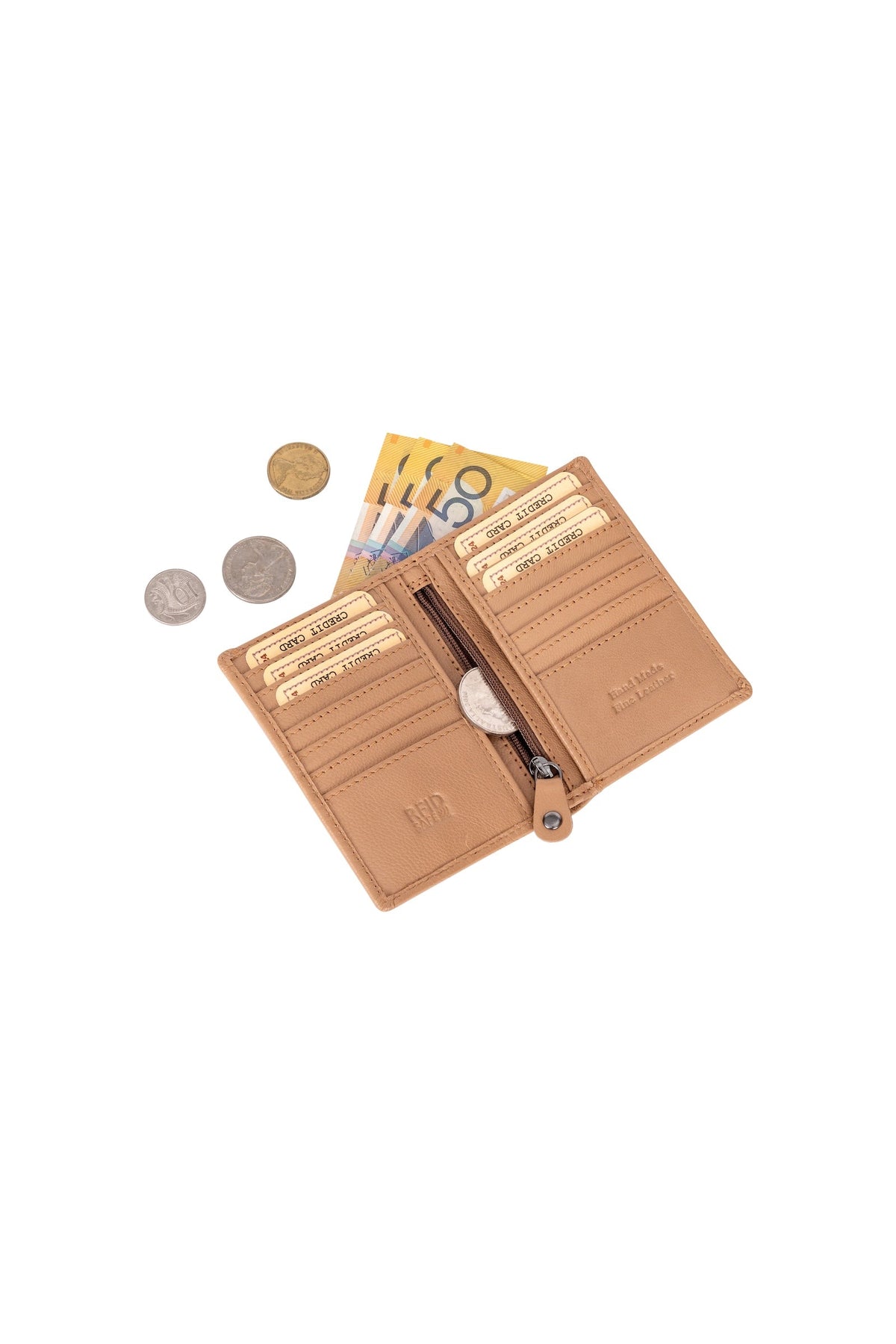 Greenwood Leather Jamaica card holder in Tan — open wallet with cards and cash