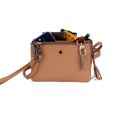 Greenwood Leather Ruby shoulder bag in Tan with tassel; styling accessories not included