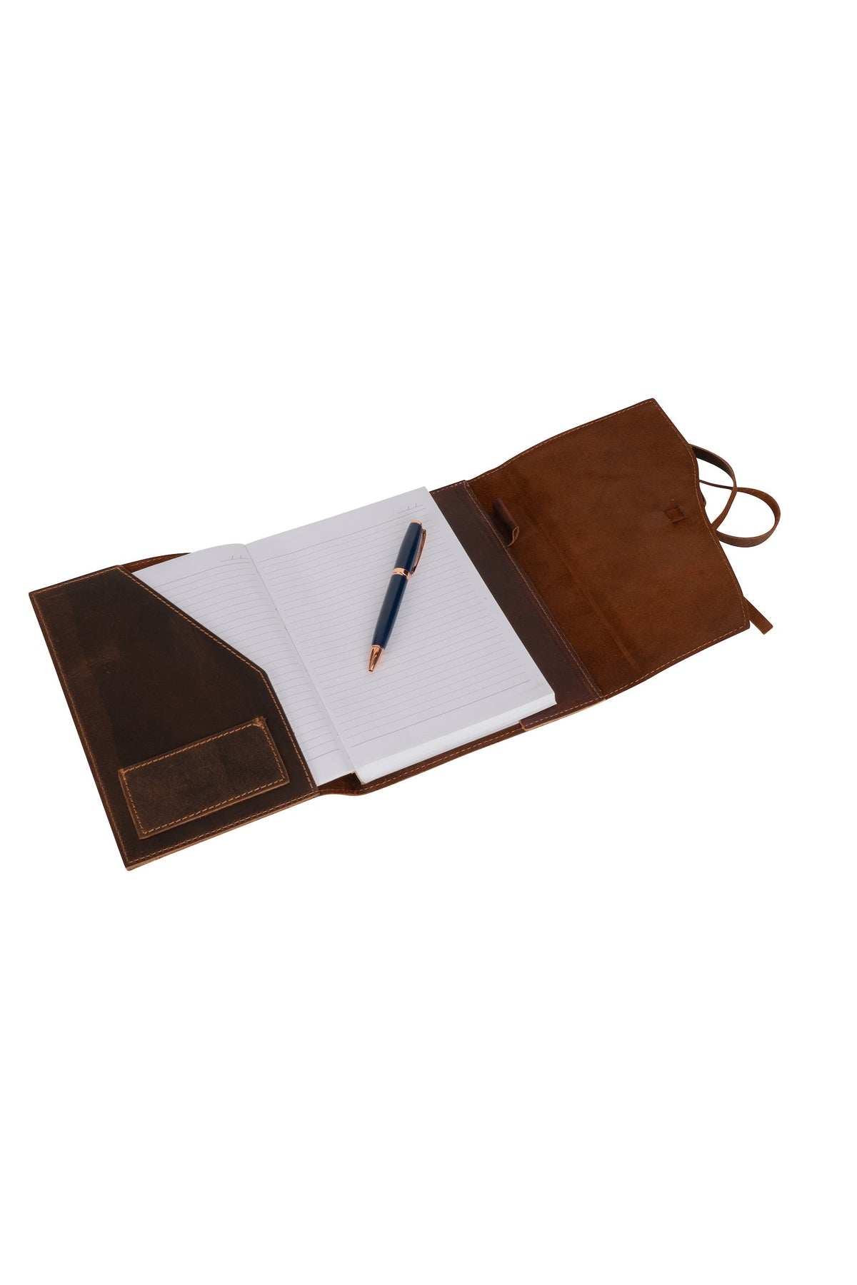 Greenwood Leather Refillable A5 Journal in Sandal — open notebook and pen