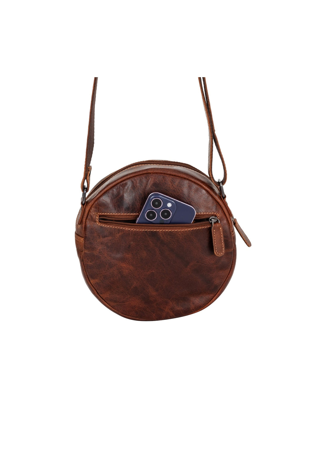 Greenwood Leather Sandy shoulder bag in Sandal — front pocket holding a phone