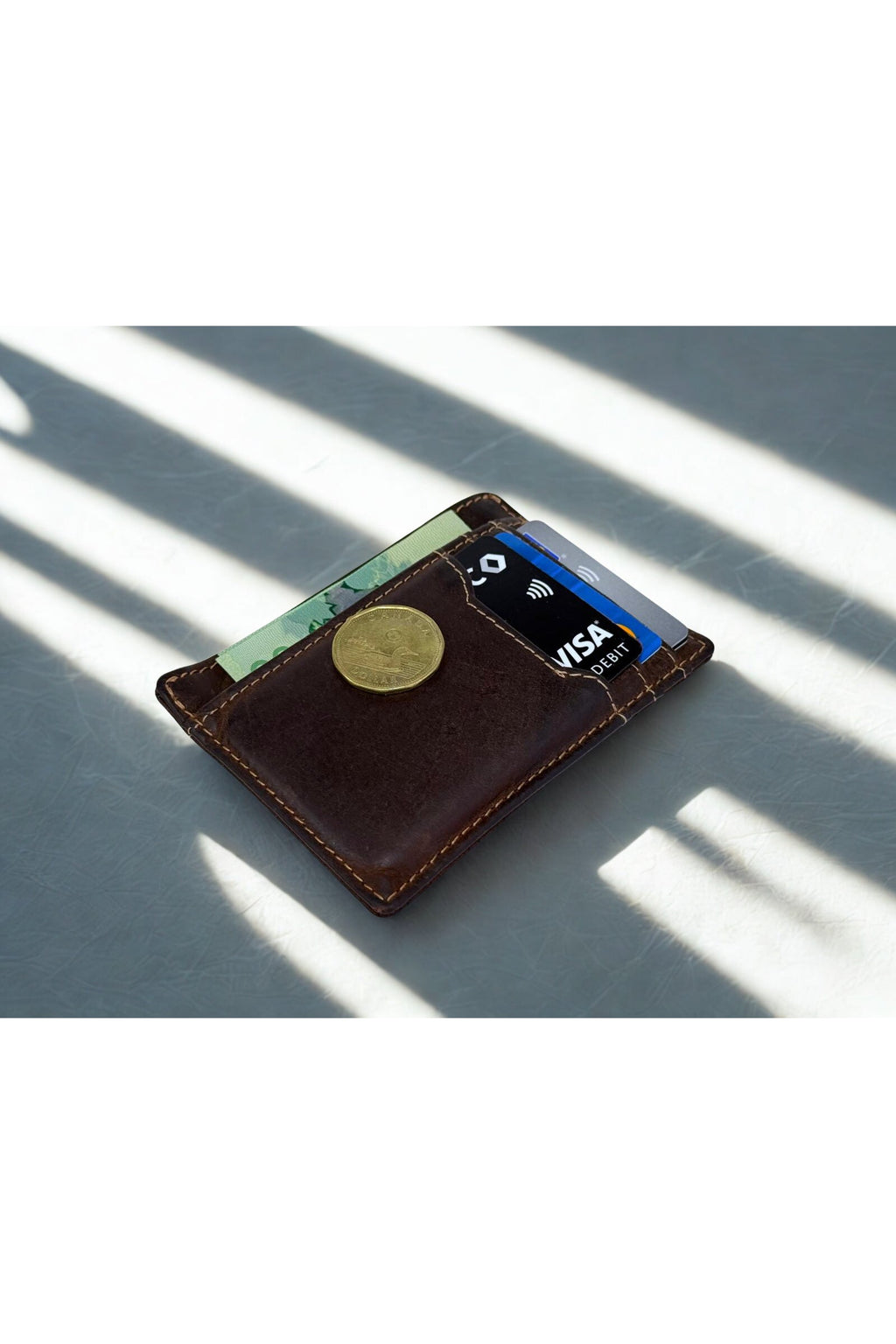 Greenwood Leather Slim Card Case in Sandal — with cards and coins