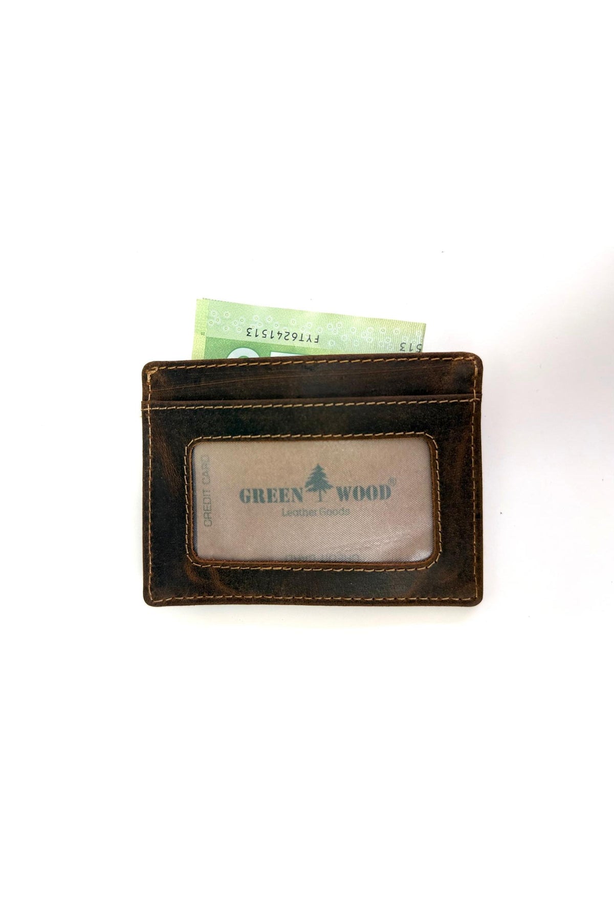 Greenwood Leather Slim Card Case in Sandal — ID window with folded cash