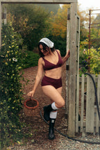 Huha Brief underwear in Merlot burgundy, wide-waistband brief on a model