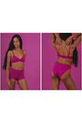 Huha High Rise Mineral Bikini in Berry on model at left, official Huha Jewel Tones campaign