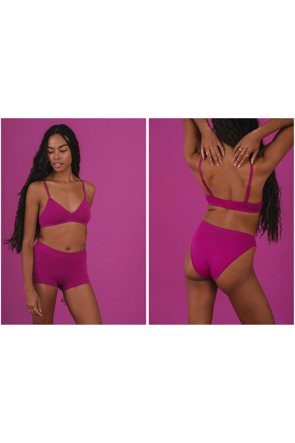 Huha High Rise Mineral Bikini in Berry on model at left, official Huha Jewel Tones campaign