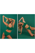 Huha Sporty Bralette in Pine on model at right, official Huha Jewel Tones campaign
