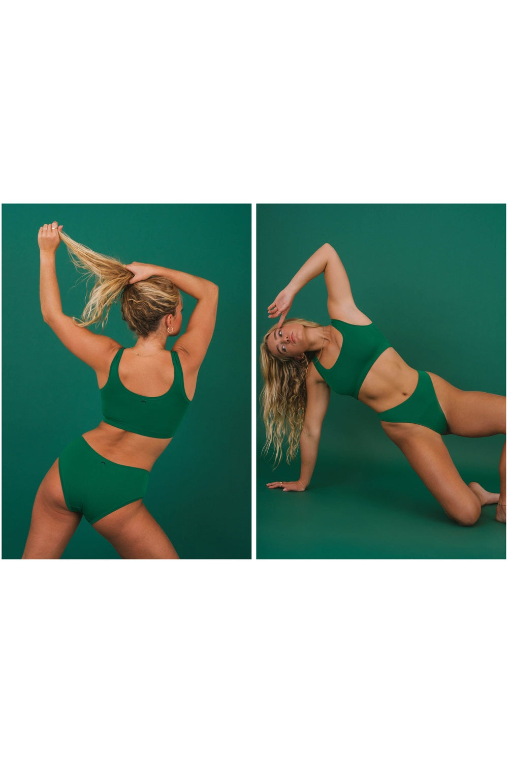 Huha Sporty Bralette in Pine on model at right, official Huha Jewel Tones campaign
