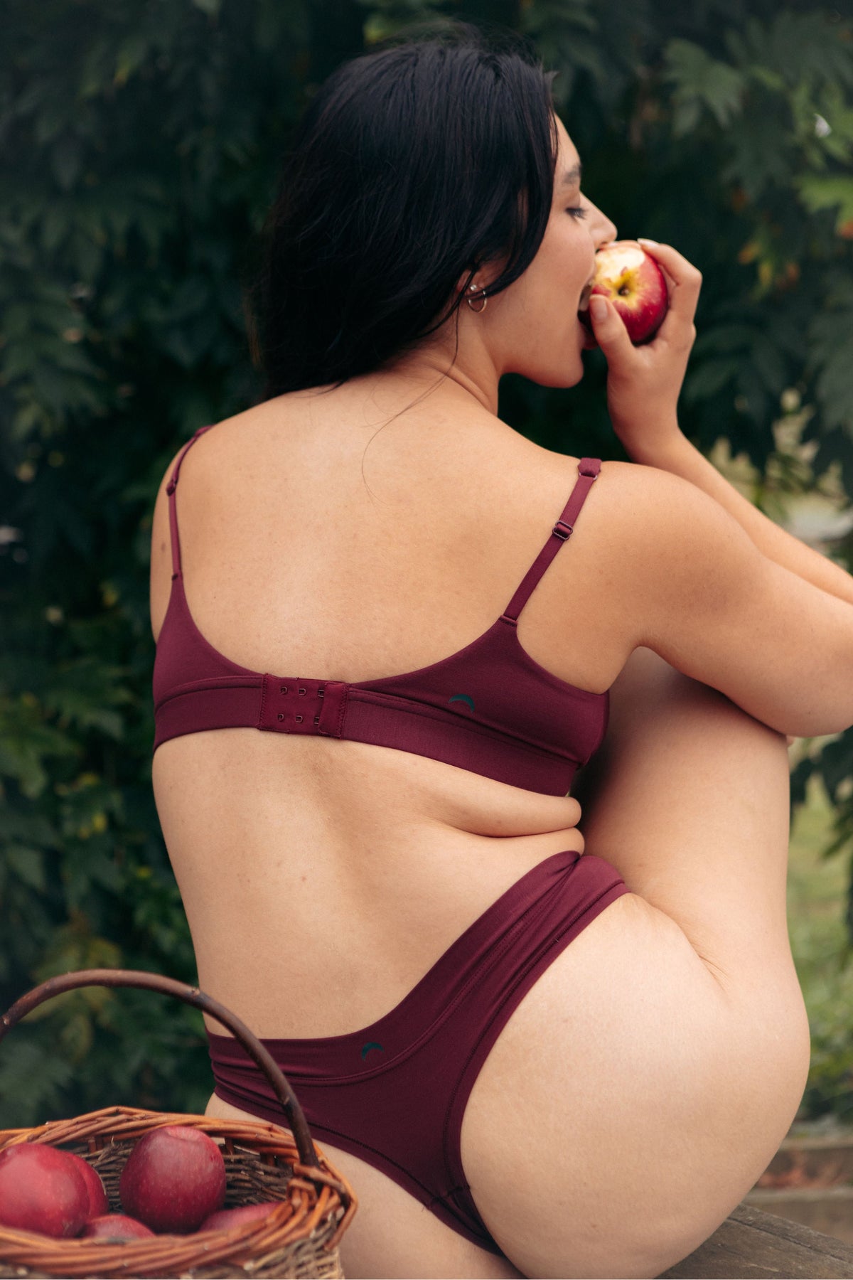 Huha Thong underwear in Merlot burgundy, mid-rise thong on a model