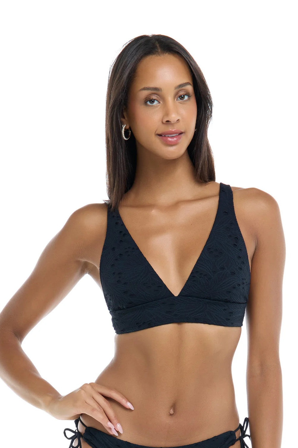 Skye Lace Bloom Isabella Bikini Top in black on a model, front view