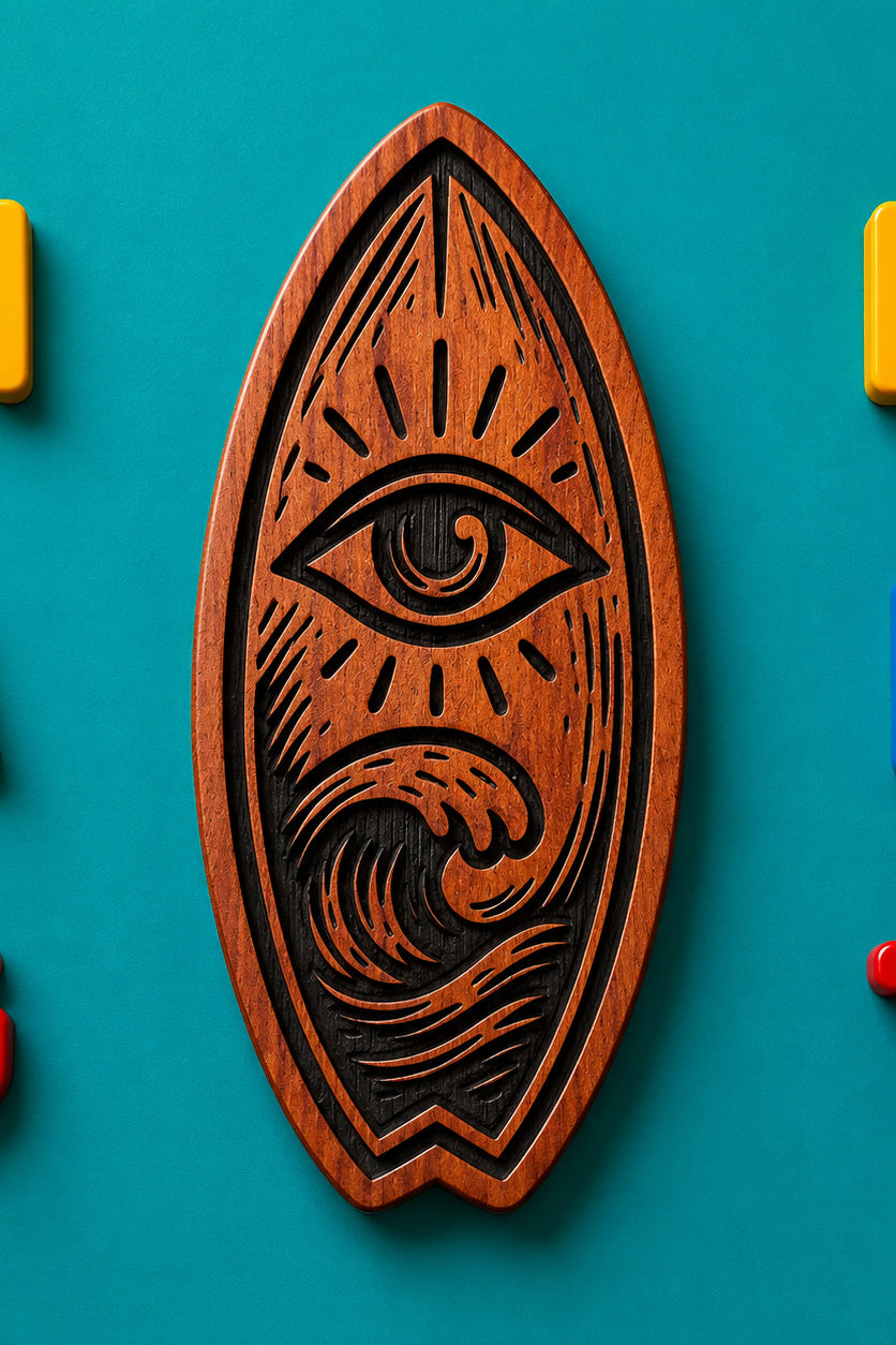 Two Makers Crew All Seeing Surfboard Magnet — Surfboard-shaped design with an engraved eye and ocean wave