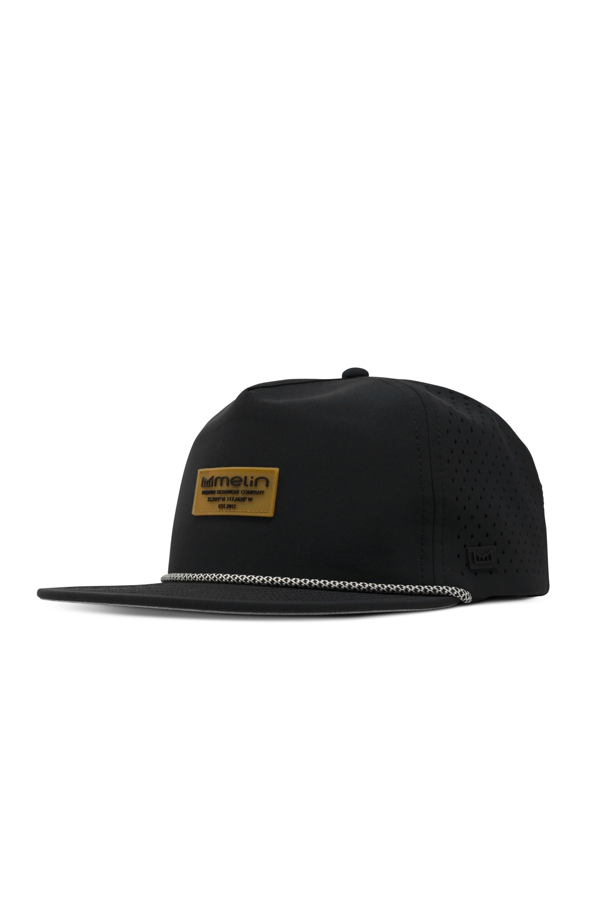 melin Coronado Brick Hydro performance snapback hat in Black/Gum with rope detail and flat bill