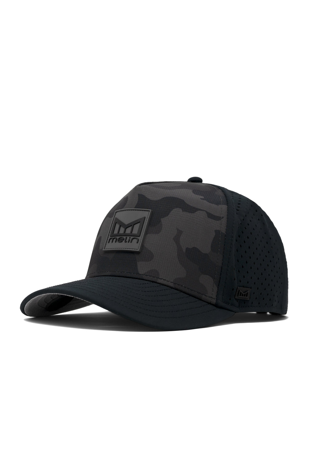 melin Odysea Stacked Hydro performance snapback hat in Black Camo with stacked logo patch