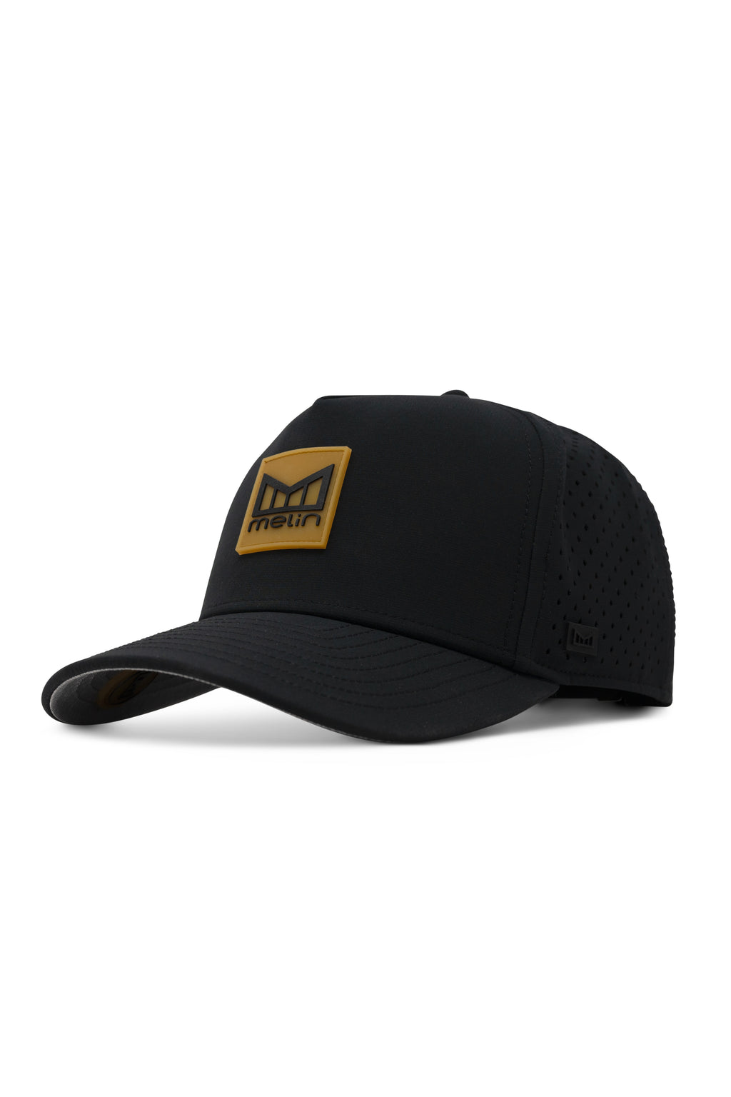 melin Odysea Stacked Hydro performance snapback hat in Black/Gum with stacked logo patch