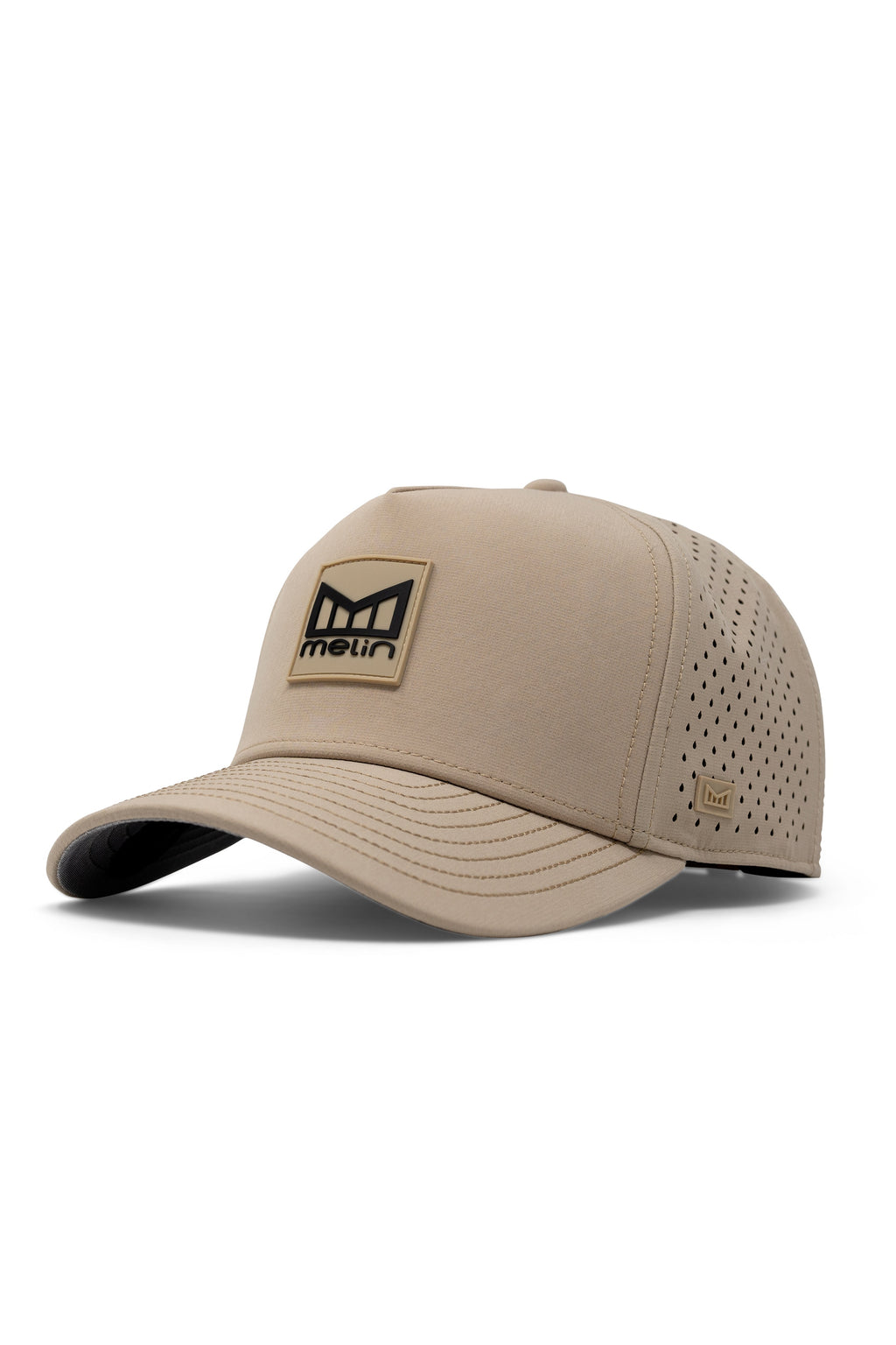 melin Odysea Stacked Hydro performance snapback hat in Khaki with stacked logo patch