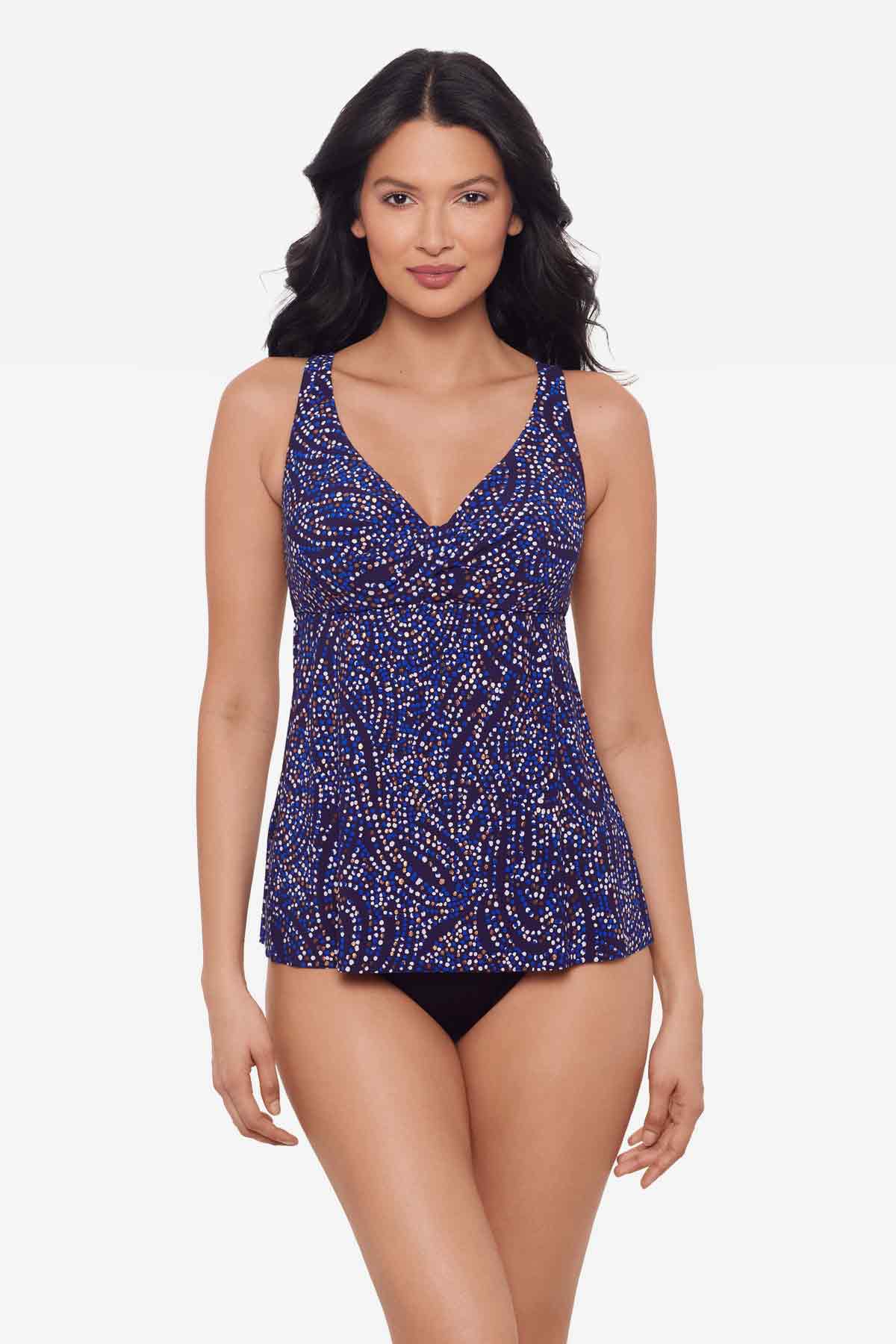 Miraclesuit Spotlight Ayla tankini top in Plum/Multi, front view