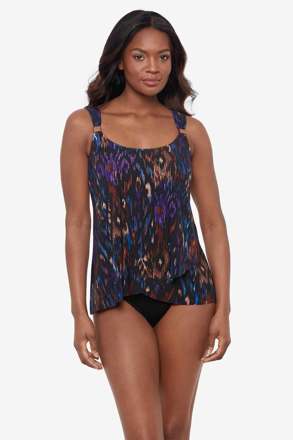Miraclesuit Tapiz Dazzle DD-cup tankini top in Black/Multi, front view