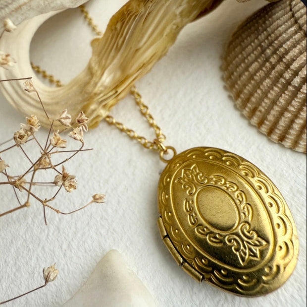 Pika & Bear Sophia Vintage Oval Locket Charm Necklace in Raw Brass