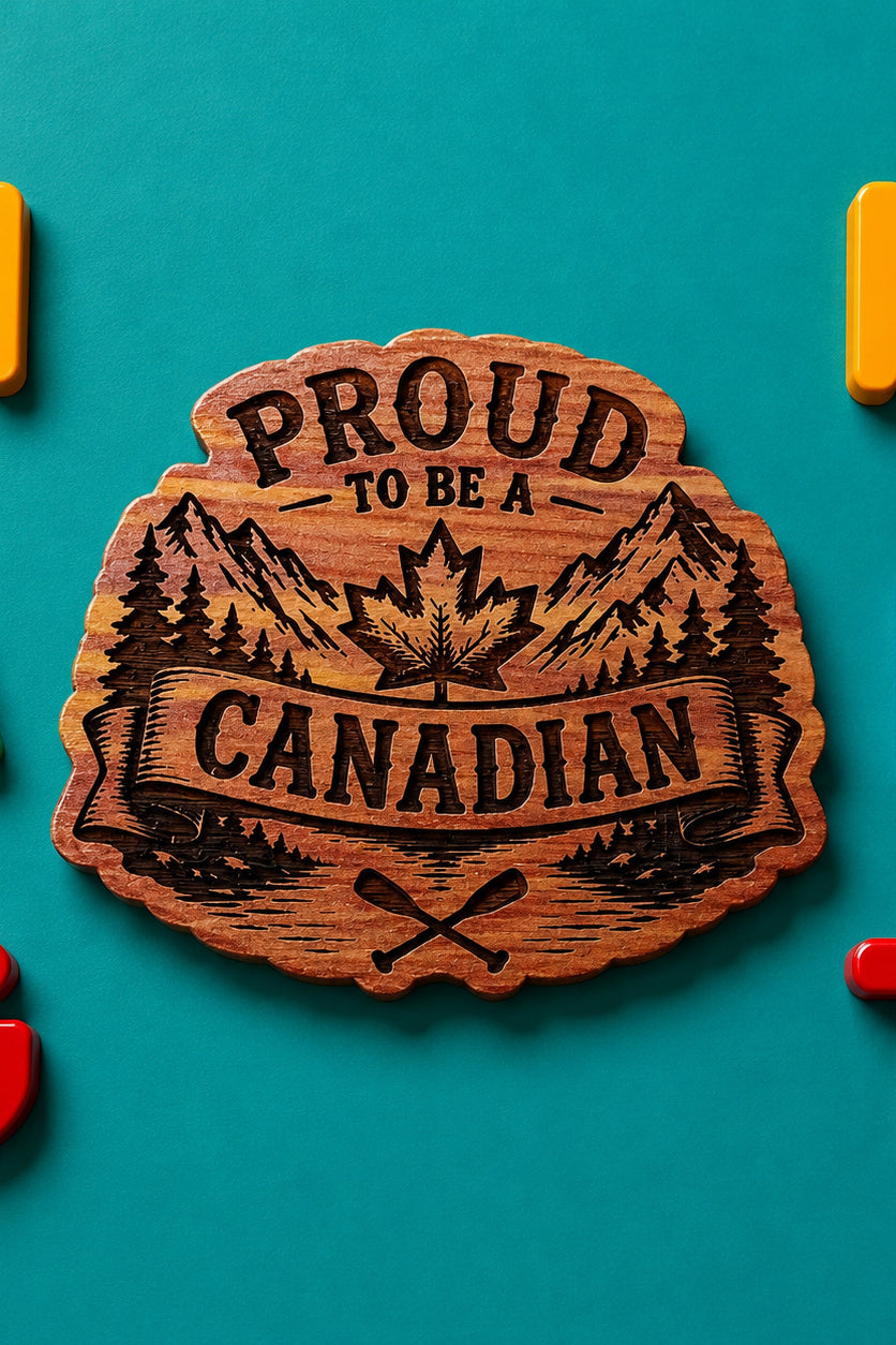 Two Makers Crew Proud To Be A Canadian Fridge Magnet — Proud To Be A Canadian lettering with maple leaf and mountain artwork