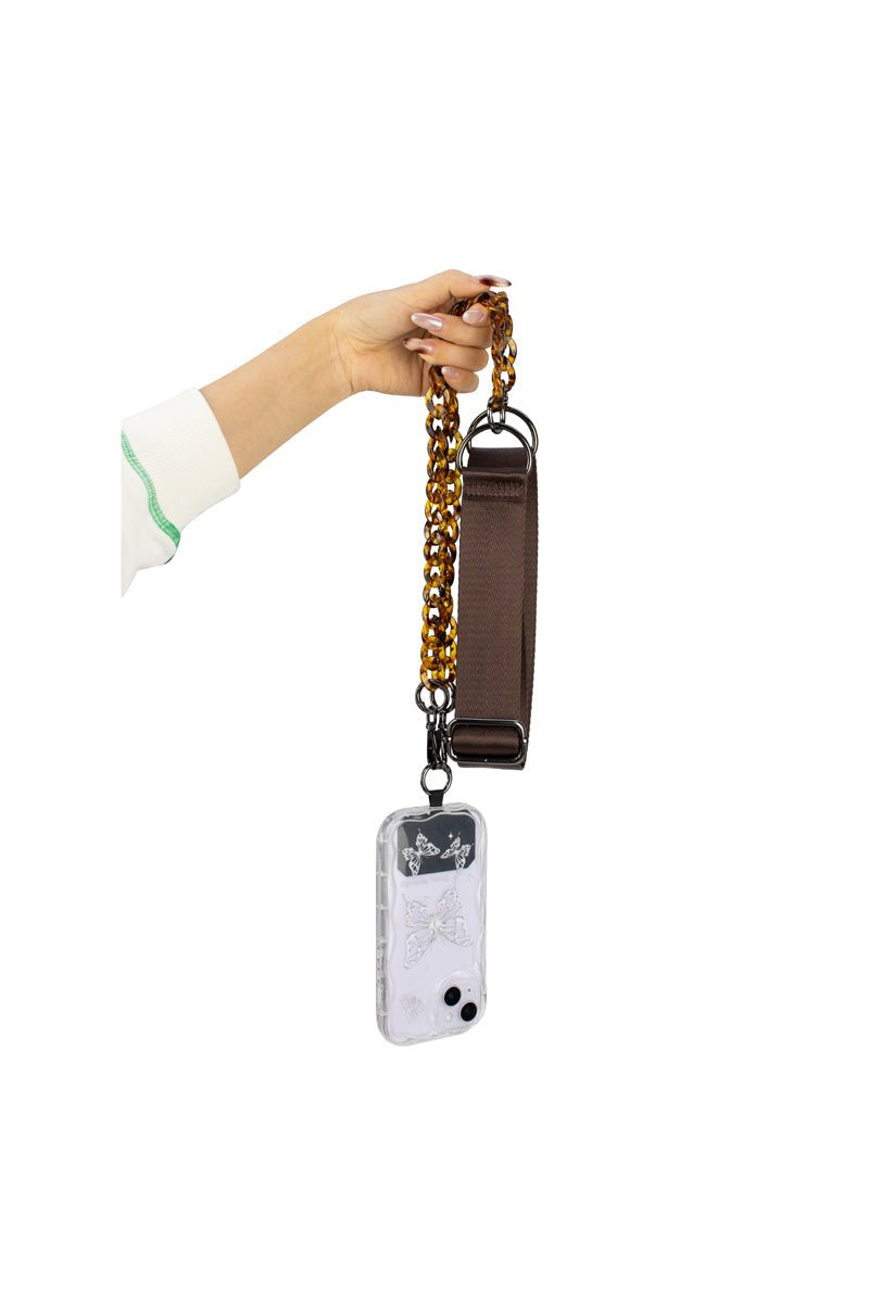 preneLOVE Ajax Vegan Phone Crossbody Chain in Espresso & Tortoise Chain