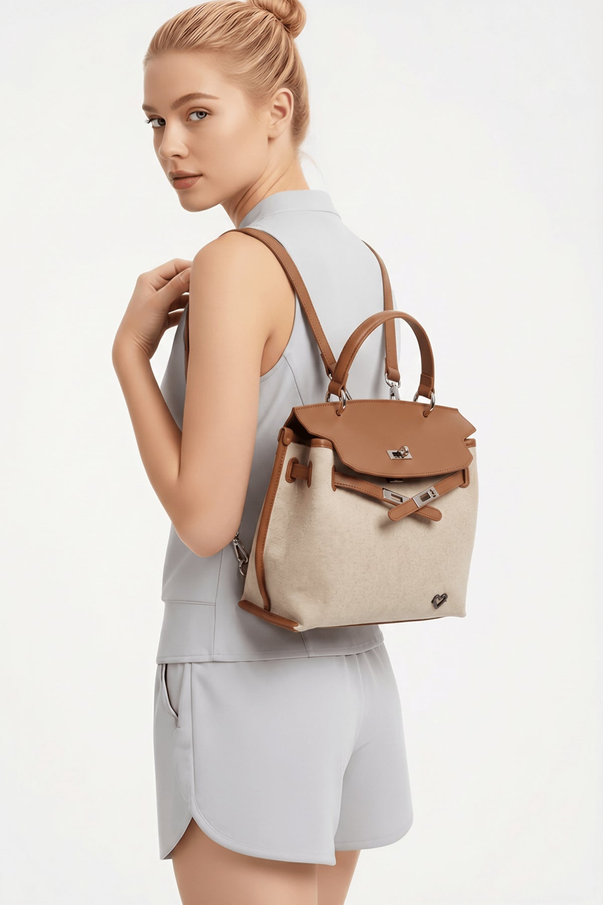 preneLOVE Rosseau Leather & Linen Convertible Handbag/Backpack in Cognac Brown