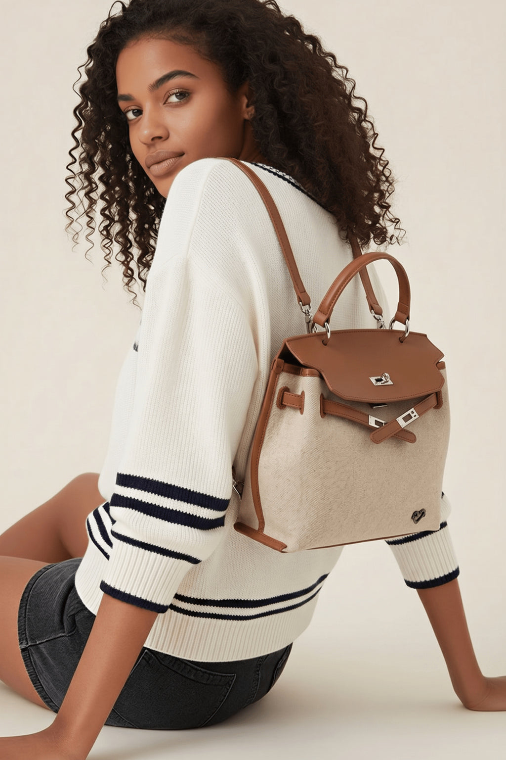 preneLOVE Rosseau Leather & Linen Convertible Handbag/Backpack in Cognac Brown