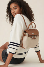 preneLOVE Rosseau Leather & Linen Convertible Handbag/Backpack in Cognac Brown