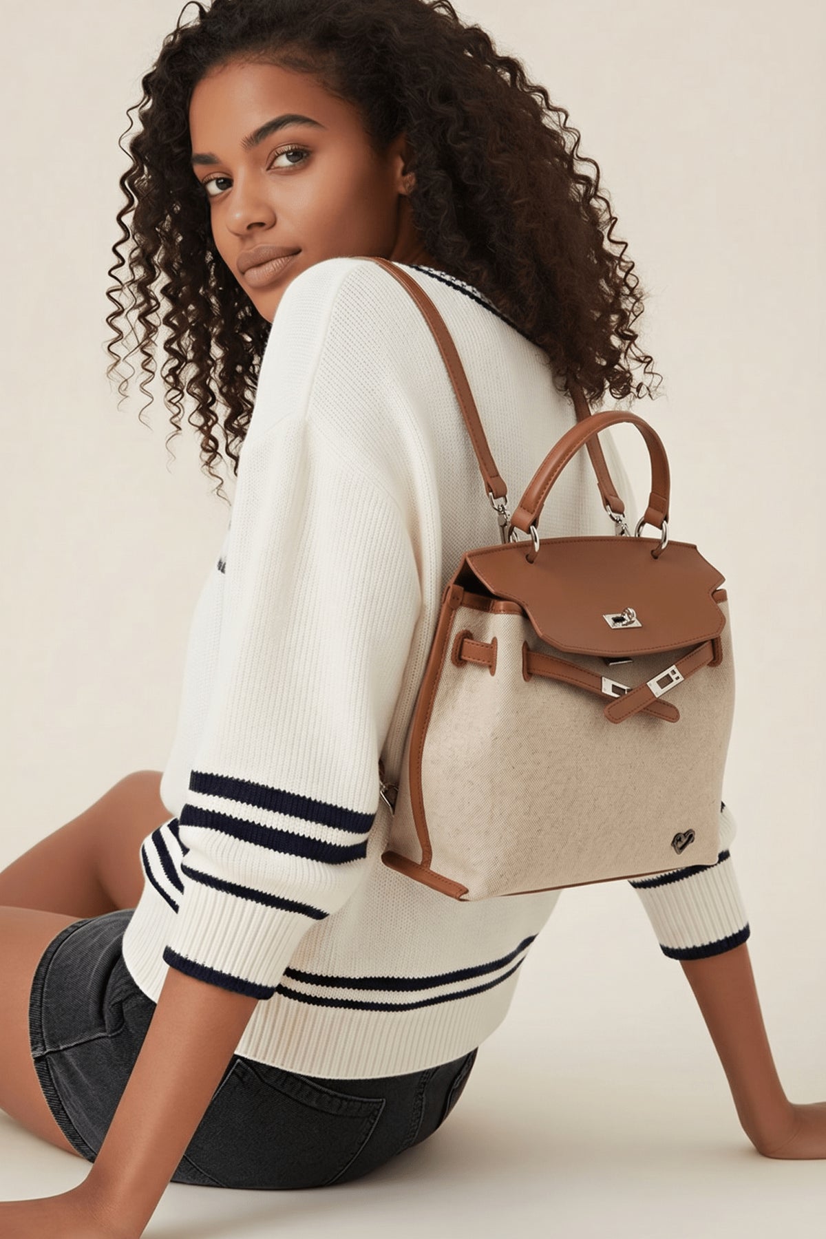 preneLOVE Rosseau Leather & Linen Convertible Handbag/Backpack in Cognac Brown