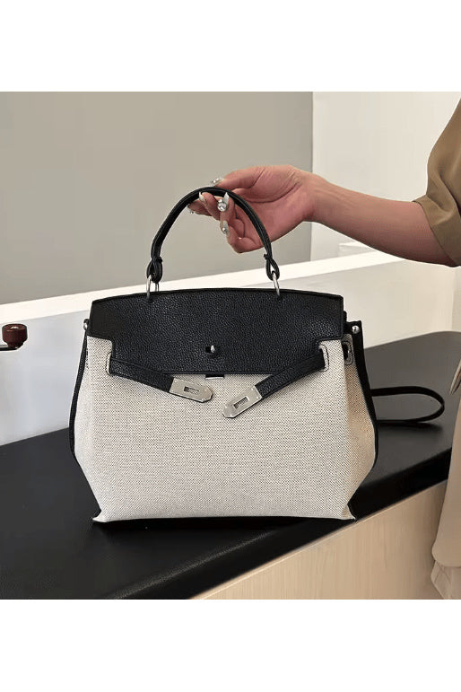 preneLOVE Rosseau Leather & Linen Convertible Handbag/Backpack in Black