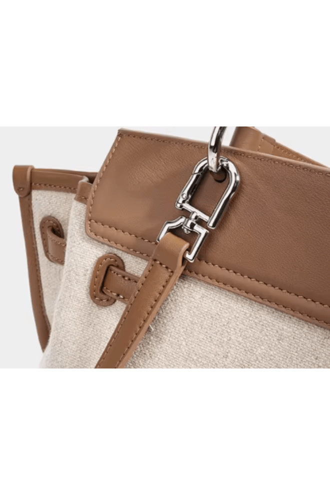 preneLOVE Rosseau Leather & Linen Convertible Handbag/Backpack in Cognac Brown